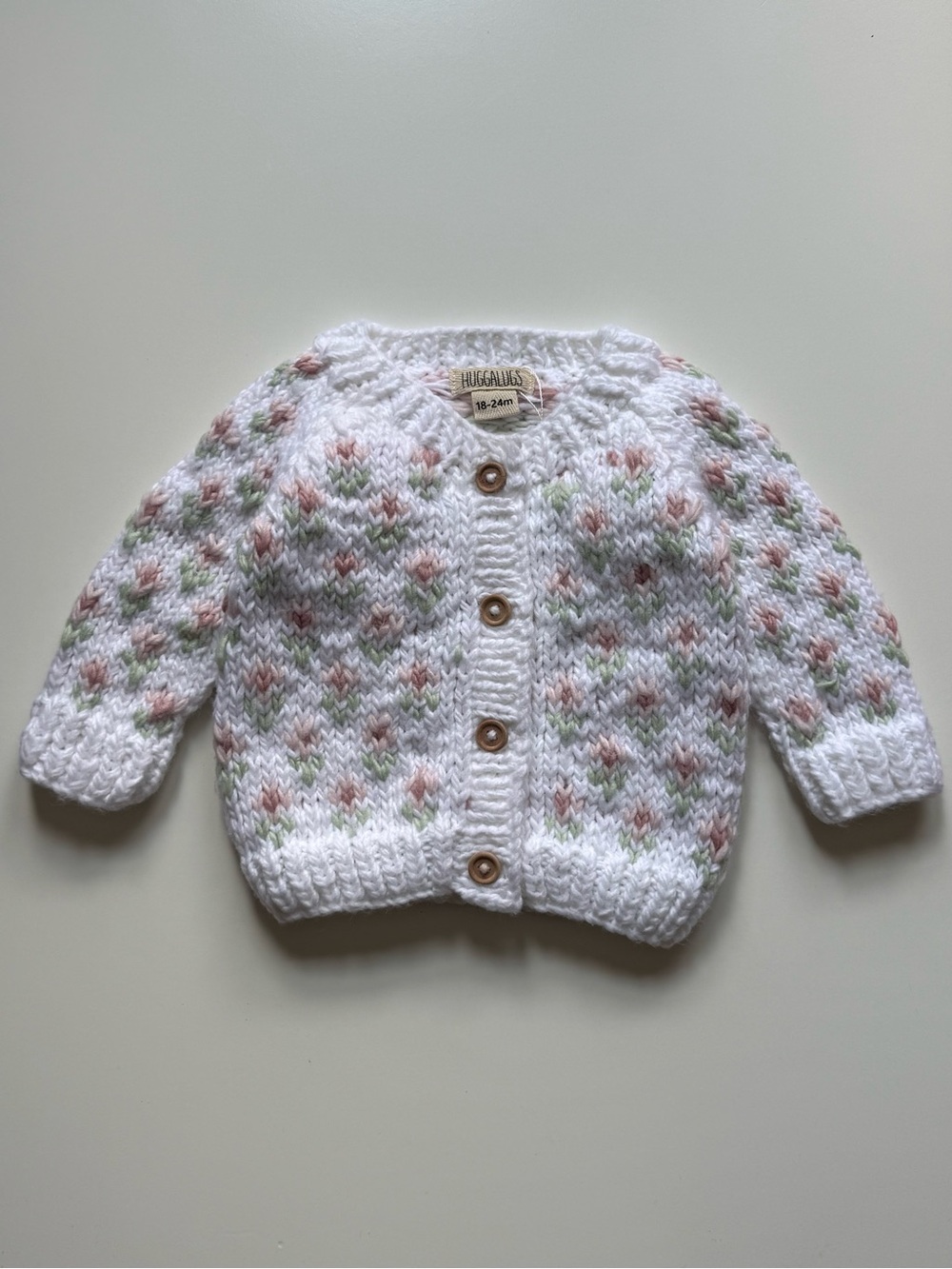 Huggalugs Baby Girl Bitty Blooms White Cardigan Sweater - Size 18-24M